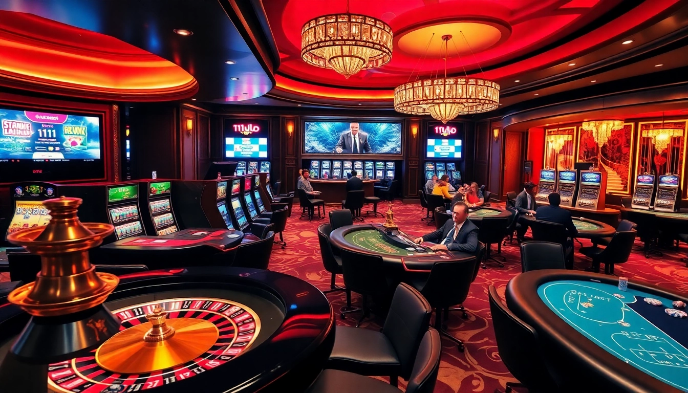 Engaging 11UU gaming scene with players at a roulette wheel and slot machines.