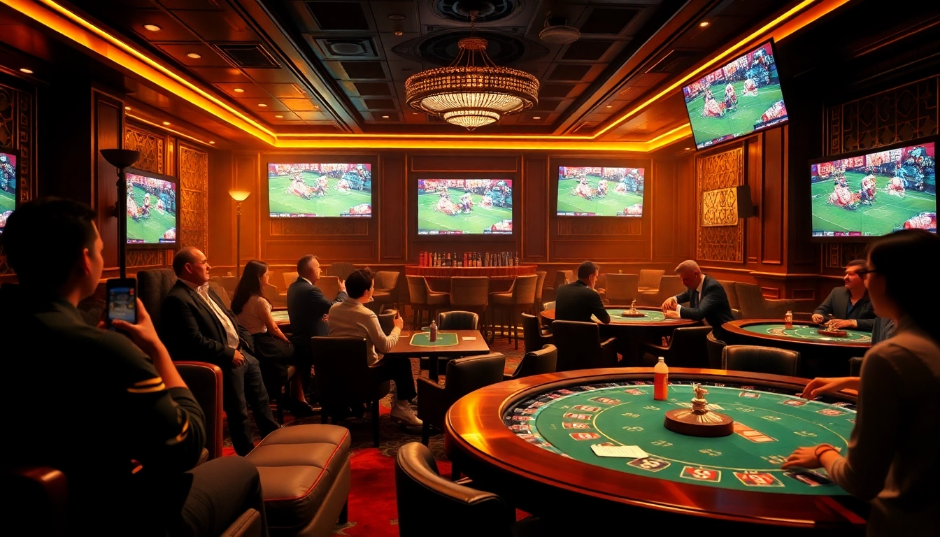 Lương Sơn TV fans enjoying a thrilling football match with poker and betting elements in a luxurious atmosphere.