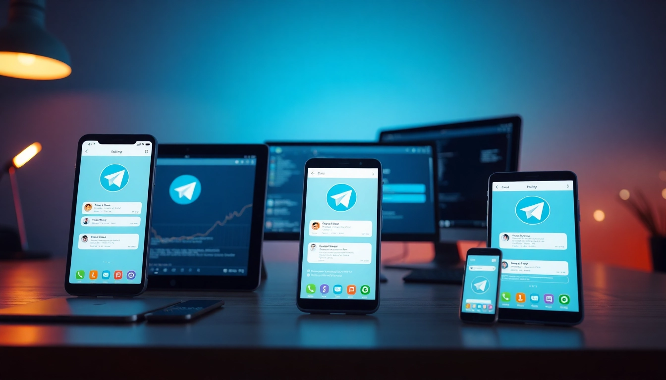 Experience seamless communication with Telegram中文版, showcasing its interface across devices.