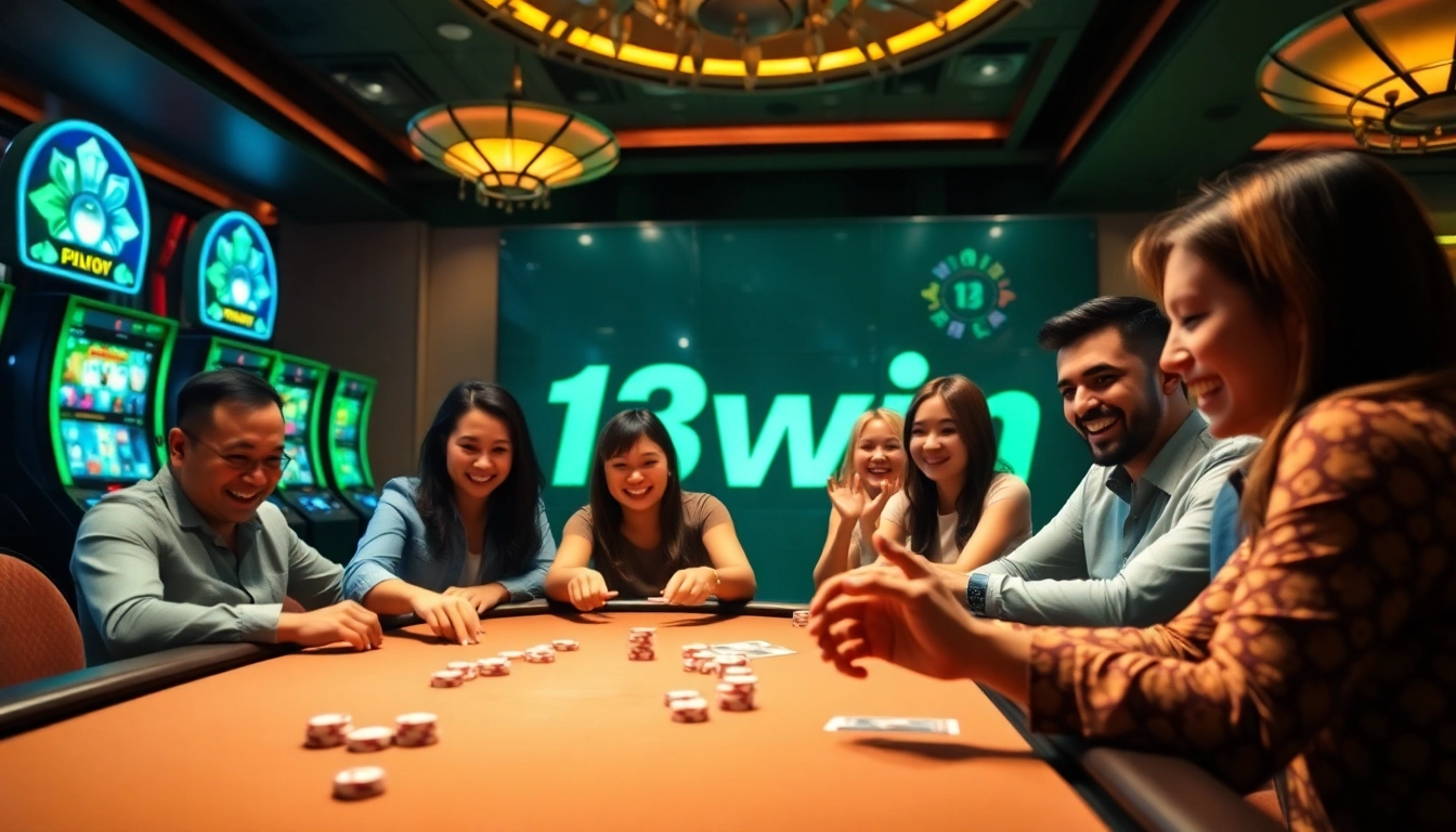 Players winning big at 13win casino table with vibrant chips and cards.