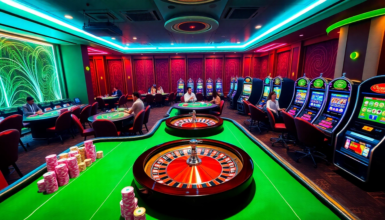 Players enjoy a thrilling game night at F168 casino tables filled with action and vibrant colors.