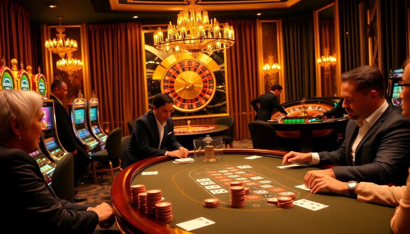 Go8 players strategizing at a luxurious poker table in a vibrant casino environment.
