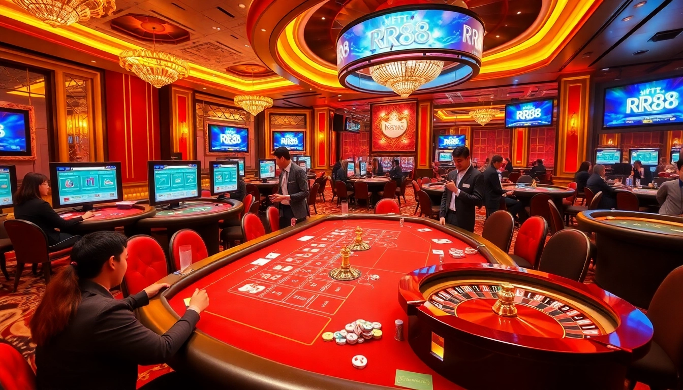 Gambling excitement at RR88 casino tables with cards, chips, and roulette wheels