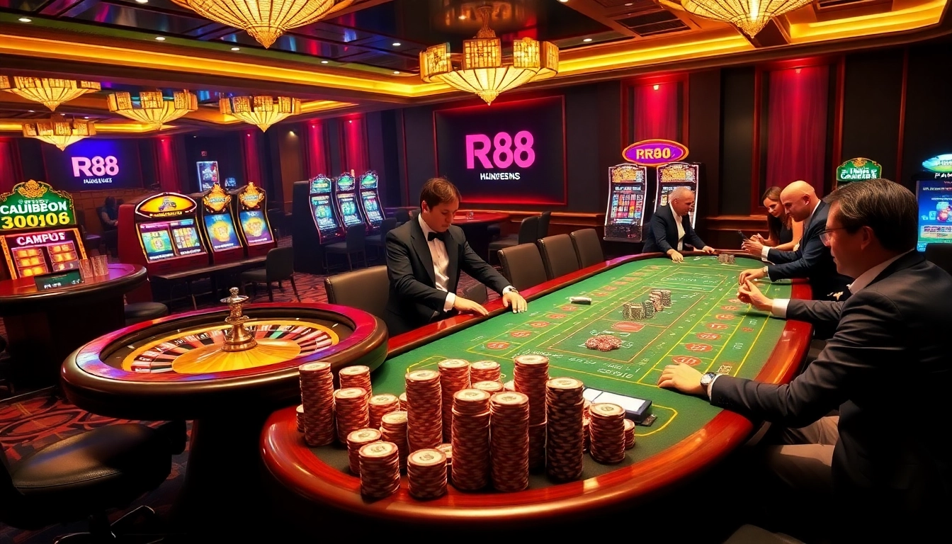 Dynamic gambling scene showcasing RR88's luxury poker and slot games in a professional casino atmosphere.
