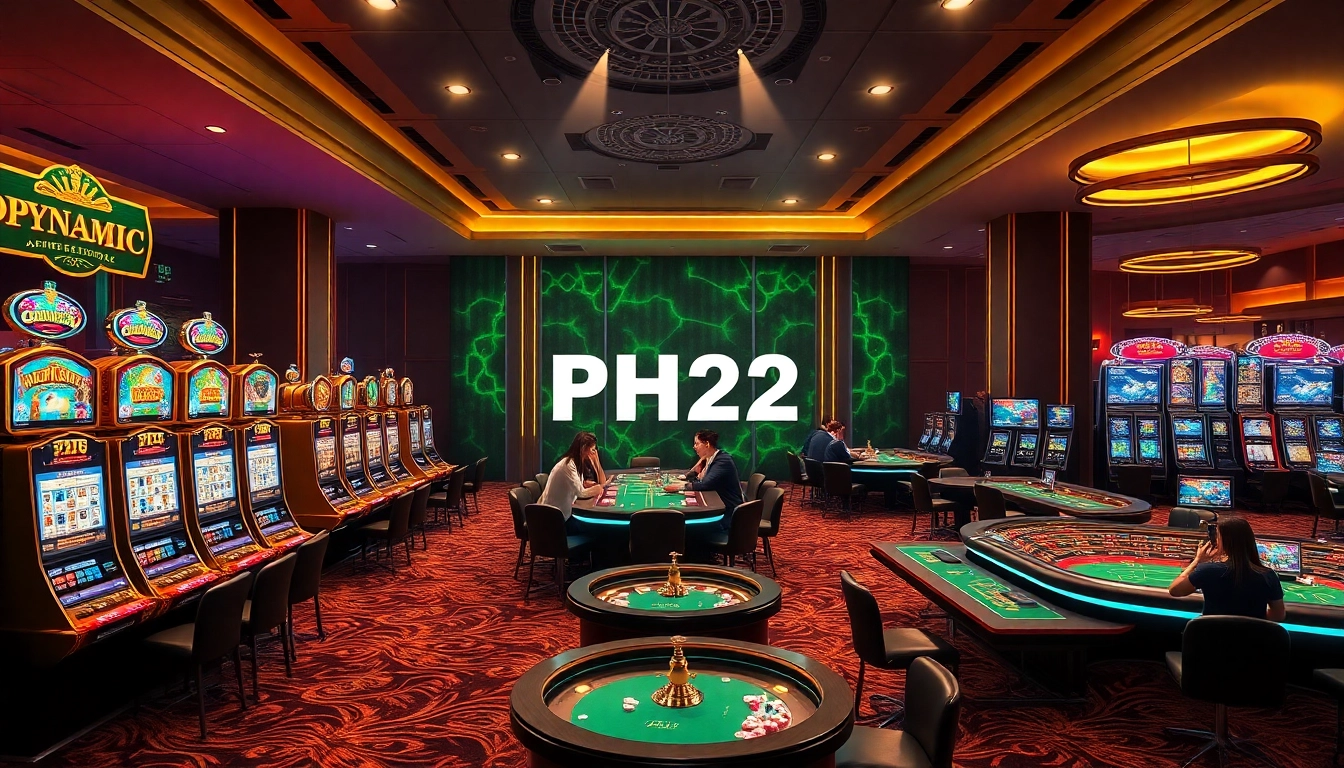 Engaging scene showcasing PH22's casino experience with players at slot machines and poker tables.