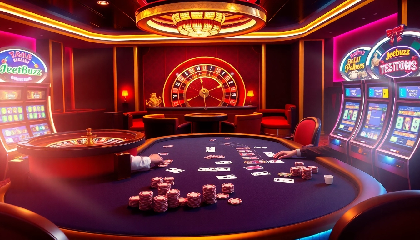 Players engaging in intense poker games at Jeetbuzz casino, vibrant atmosphere with poker chips and cards.