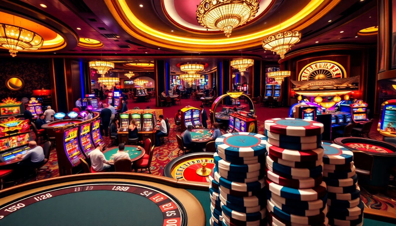 Exciting gambling scene with Lc88 poker chips and vibrant tables in a luxurious casino.