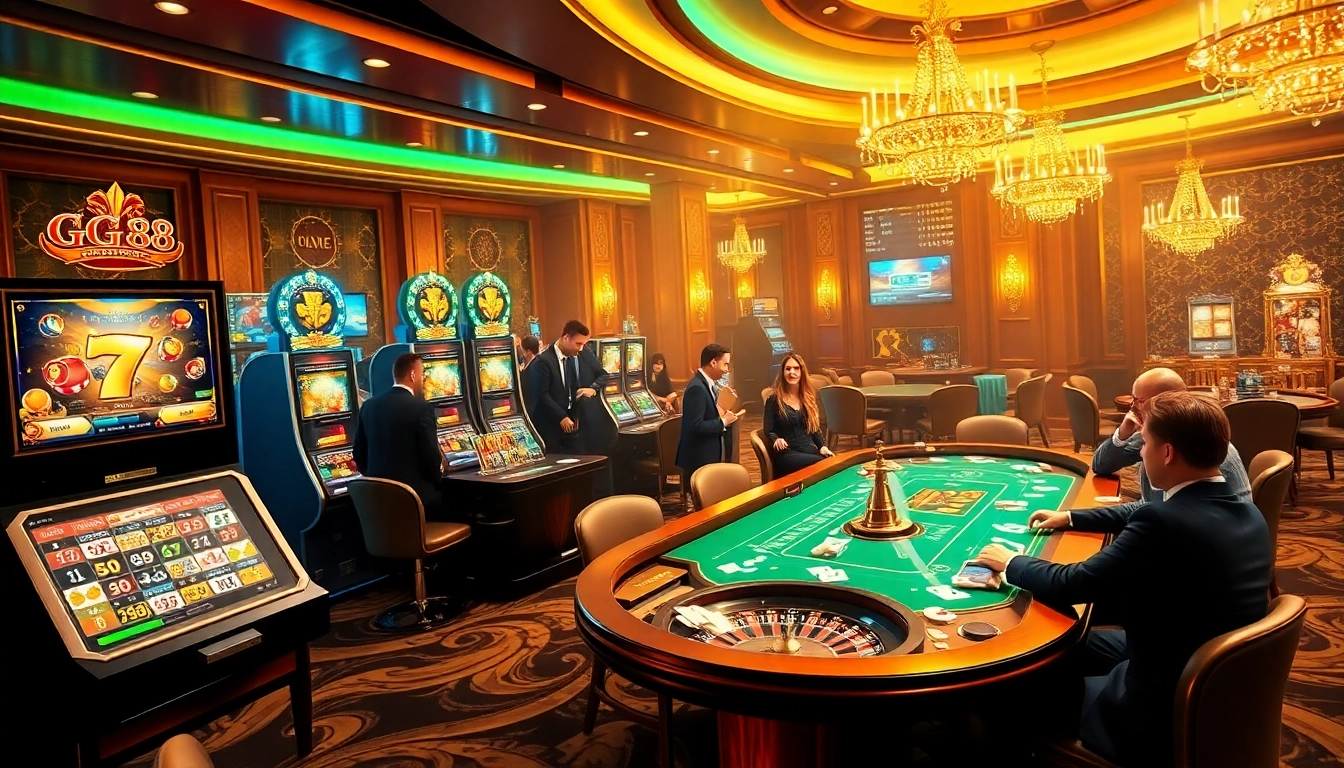 GG88 online gambling interface showcasing high-stakes gaming excitement with poker tables and slots.