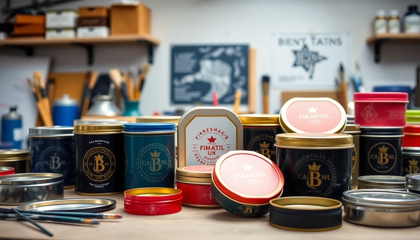 Custom tins featuring diverse designs and vibrant colors in a modern workshop.