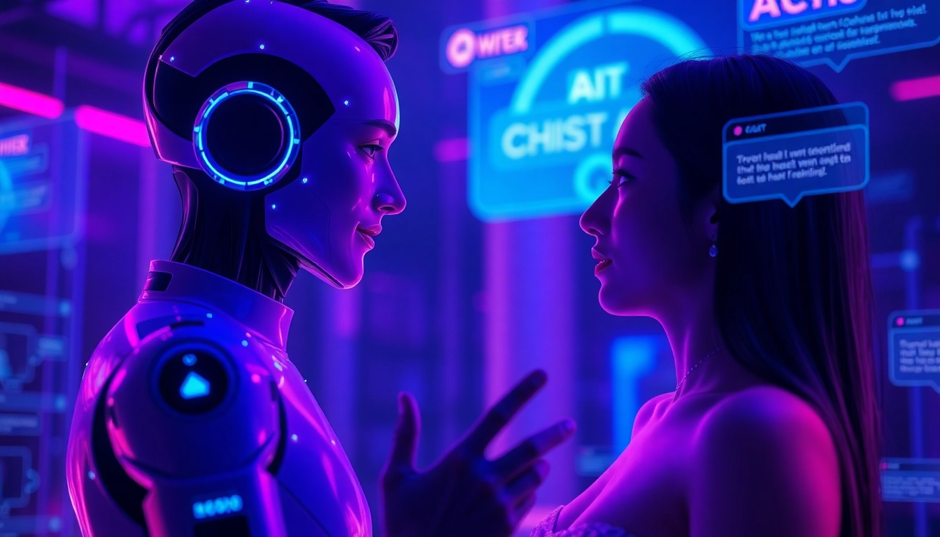 Engaging free AI sex chat with a digital avatar in a futuristic setting.