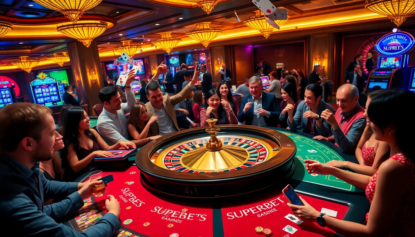 Exciting Superbet casino scene with roulette wheel, engaged players, and vibrant atmosphere.
