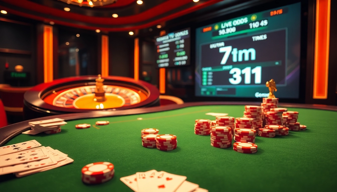 A sophisticated casino scene featuring a luxurious poker table, live '7m' odds display, and an elegant roulette wheel.