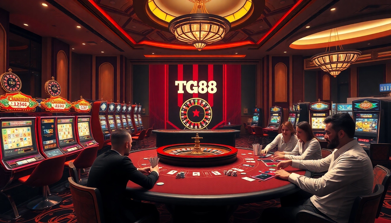 Players enjoy an exciting game at TG88 casino, surrounded by vibrant slot machines and roulette tables.