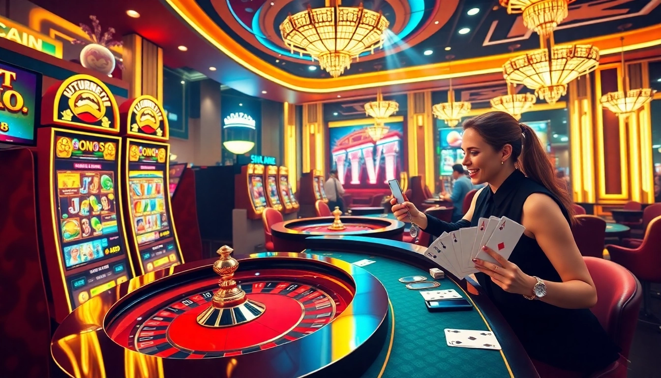 An exciting gaming scene featuring bet88 with vibrant slot machines and a roulette table, showcasing thrilling casino action.
