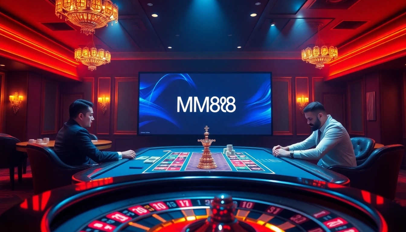 Engaged players at a luxurious poker table in the vibrant MM88 casino setting with roulette wheel.