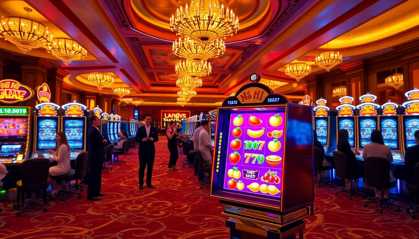 Experience Nổ Hũ excitement at a vibrant casino slot machine with players enjoying the thrill.