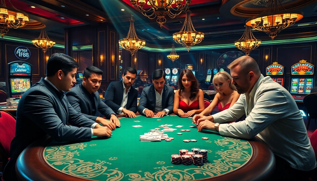 High-stakes poker action at AF88 casino with professional players and vibrant tables.