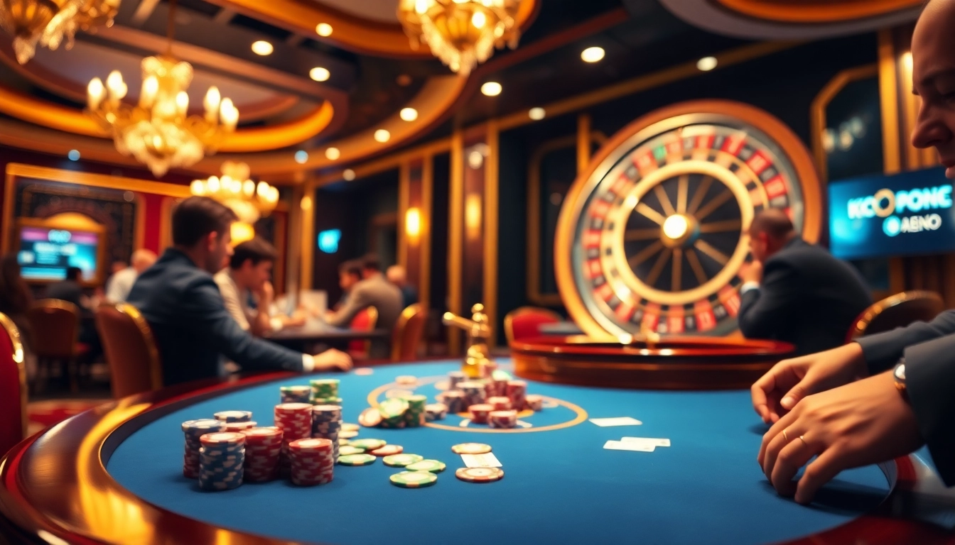 KJC players strategizing at a high-stakes poker table in a luxurious casino environment.