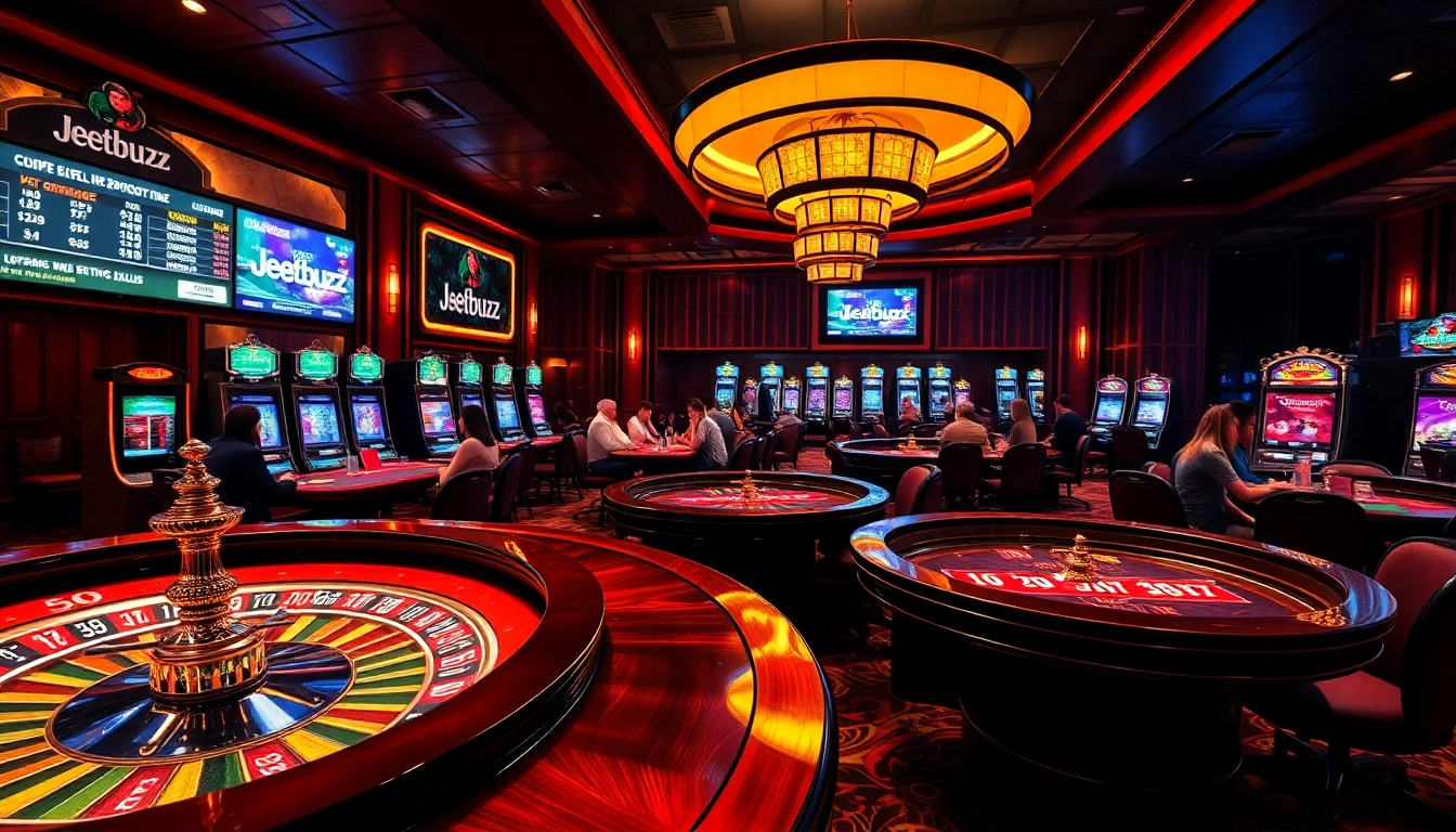 Exciting gaming scene with players at a jeetbuzz poker table, featuring vibrant casino elements.