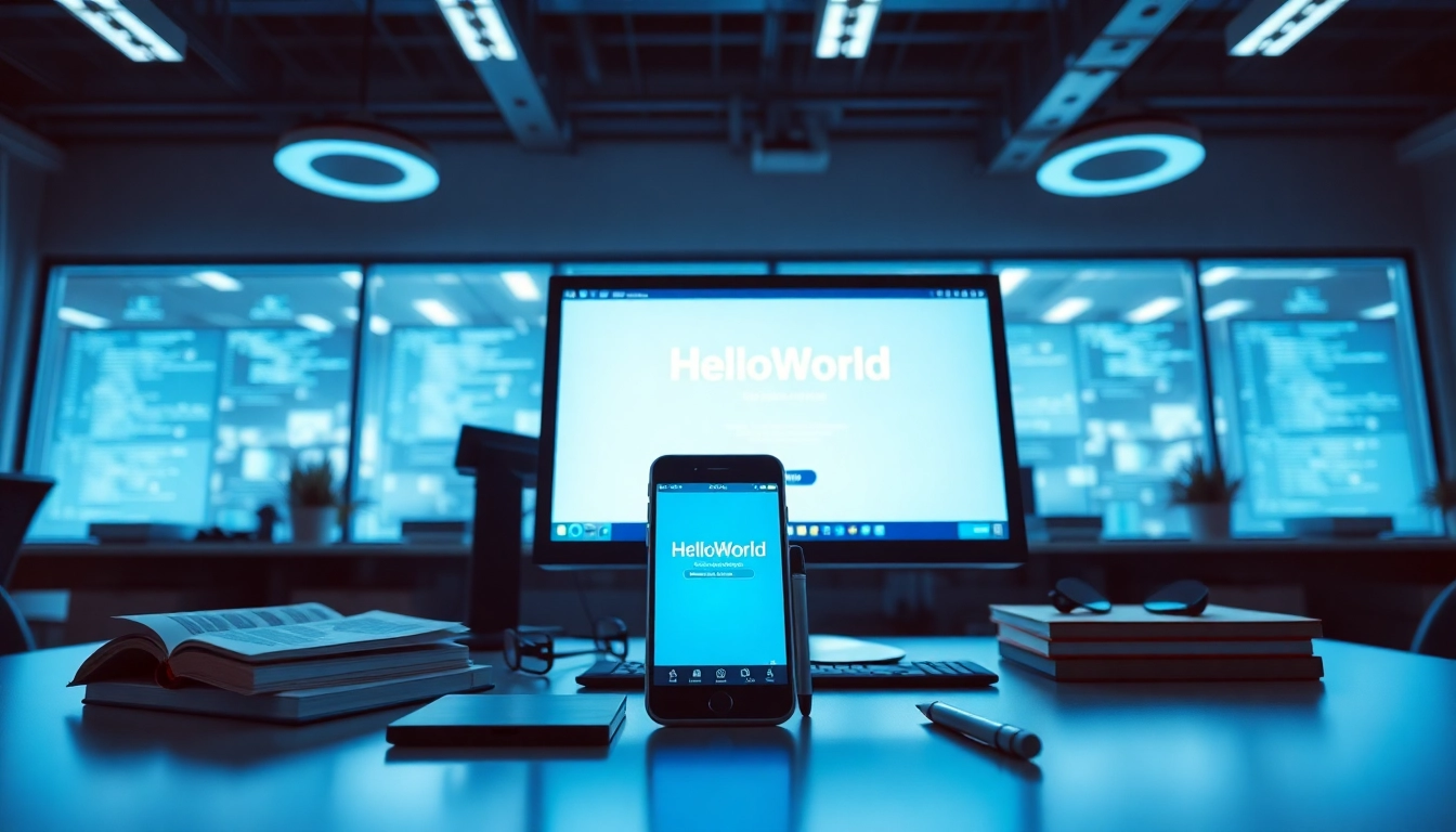helloworld software interface on modern devices in a sleek office environment