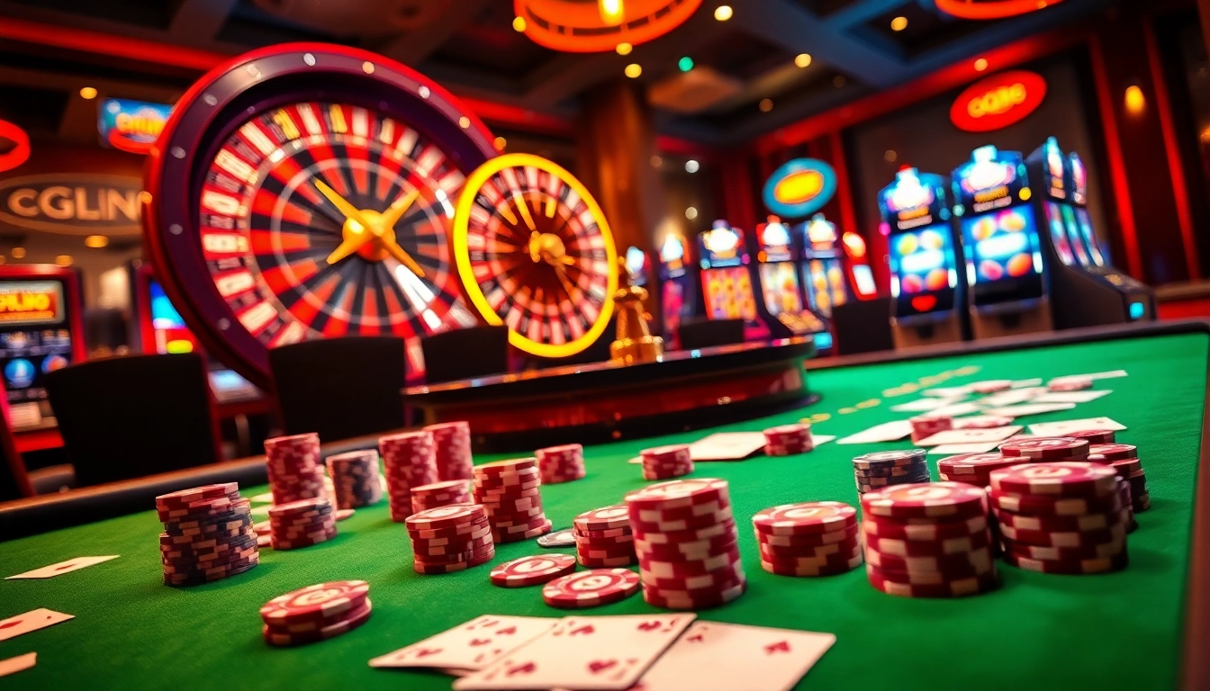 Experience the excitement of GG88 with vibrant casino lights, roulette wheels, and poker chips.