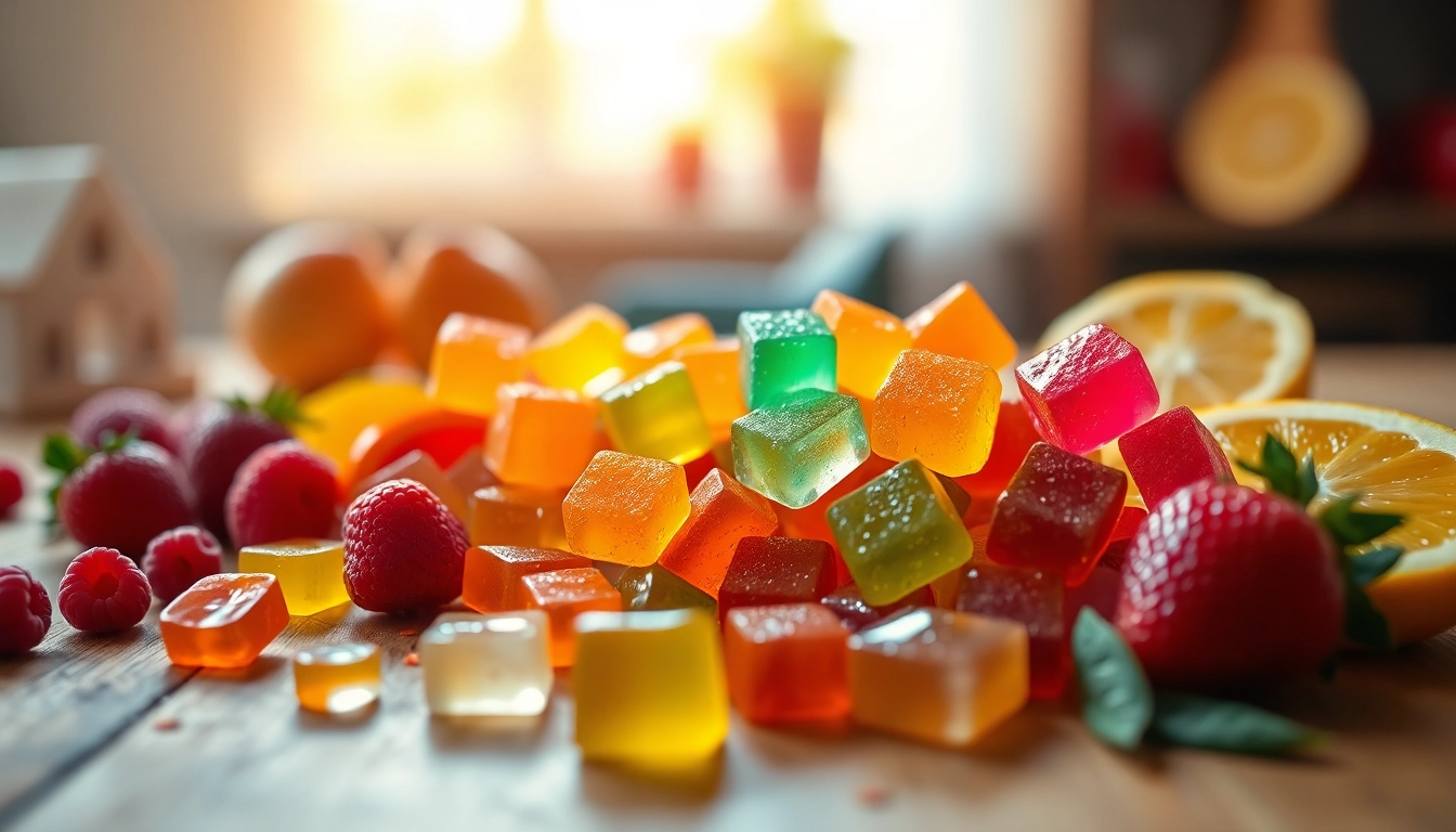 Colorful Weed Gummies with fresh fruits create a vibrant, inviting display.