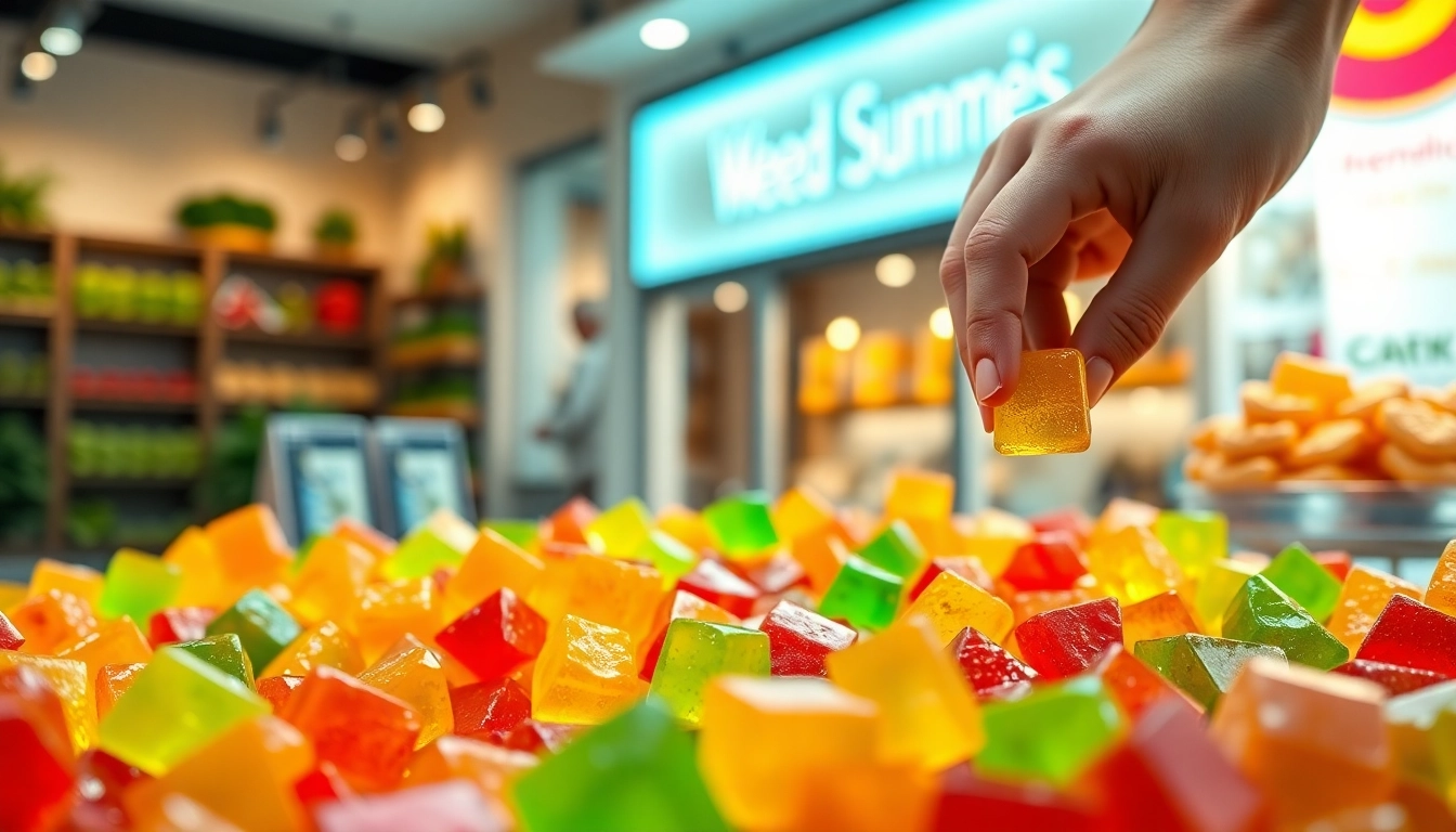Indulge in colorful Weed Gummies displayed invitingly in a vibrant market atmosphere.