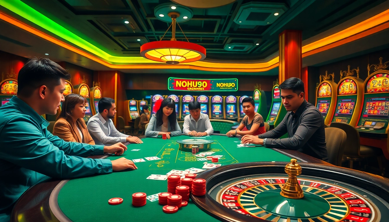 Experience the excitement of gaming at NOHU90 with a vibrant casino scene featuring poker and slots.