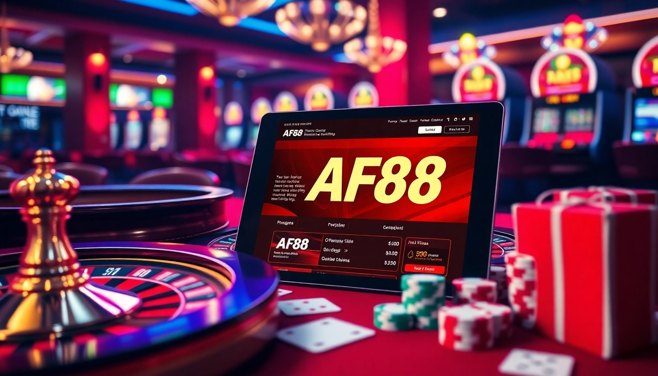 Experience the excitement of gambling at AF88 with vibrant casino visuals of cards and chips.