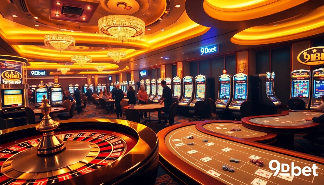 Gamblers enjoying thrilling gameplay at 9Dbet casino tables with vibrant slot machines.