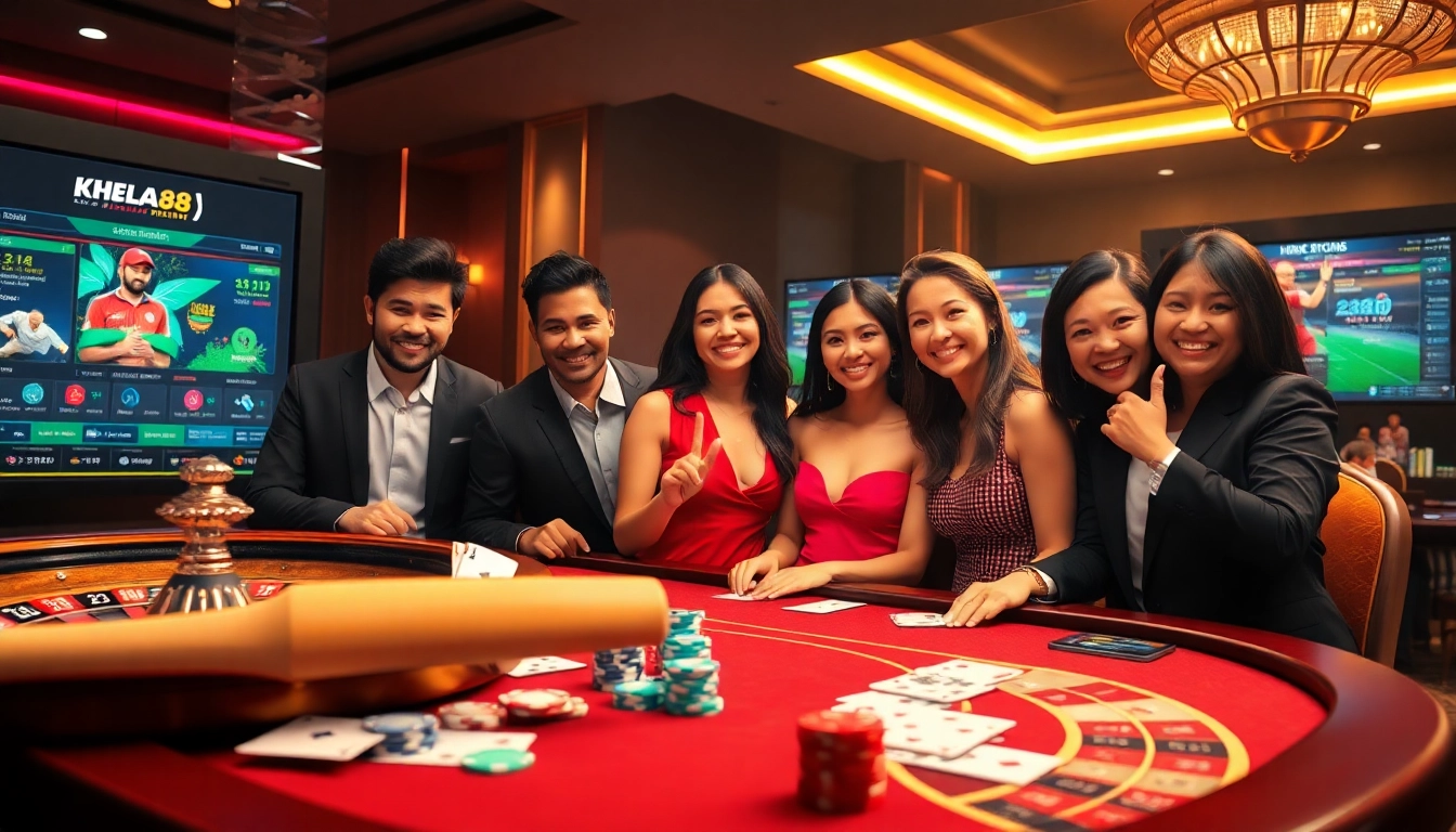 Khela88 online betting scene showcasing casino games, real-time cricket betting, and engaging players.