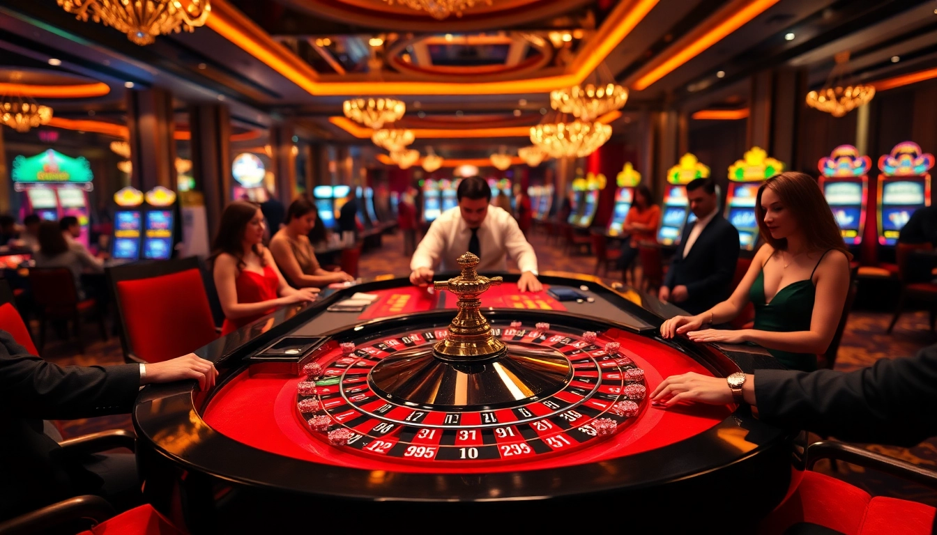 Excited players thrill at the roulette table in a luxurious 99win casino setting.