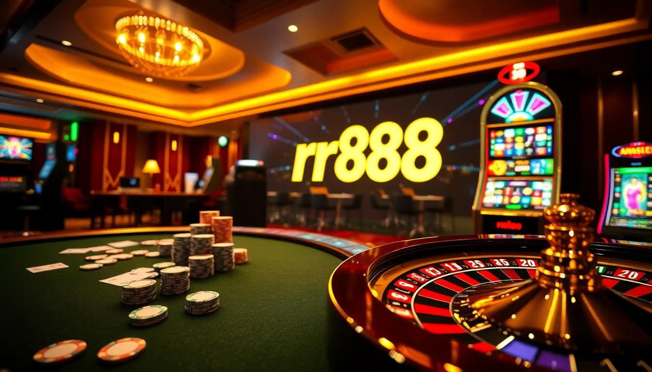 Exciting rr88 casino scene with poker chips and roulette, capturing the thrill of gaming.