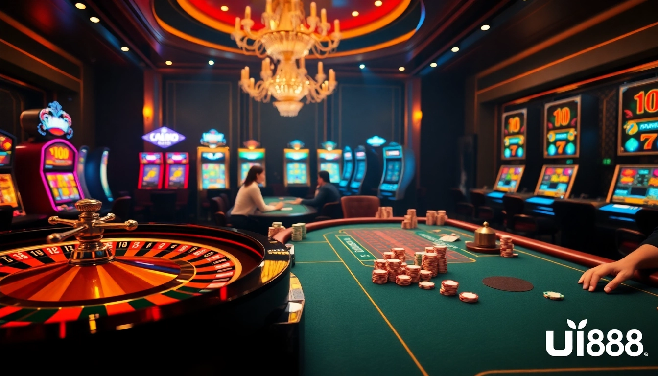 uu88 players engaging in an exciting online casino experience with poker tables and vibrant slot machines.