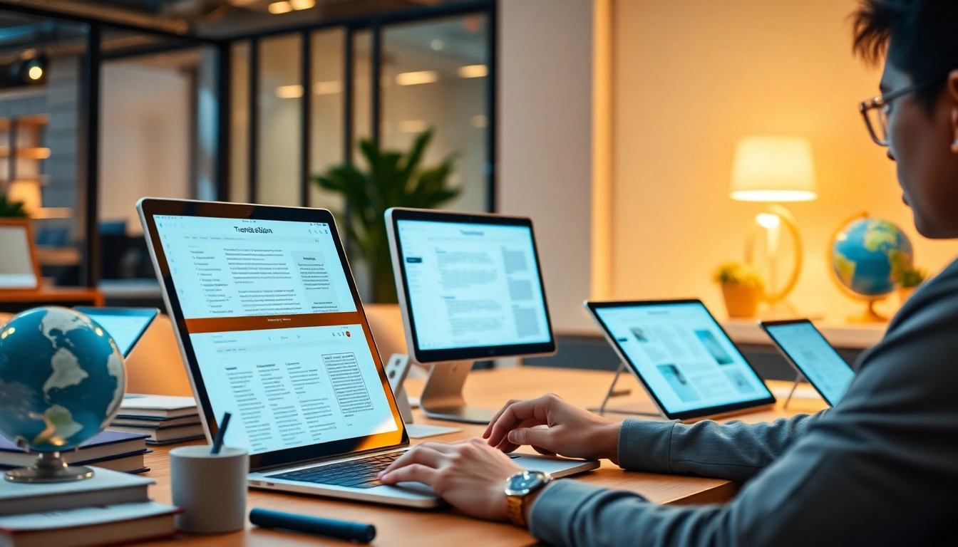 Enhance communication efficiency with 有道翻译 in a modern digital workspace, showcasing translation tools on laptops and tablets.