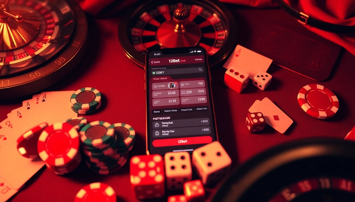 Place your bets on ink vao 12bet with a vibrant smartphone and casino visuals depicting excitement and luxury.