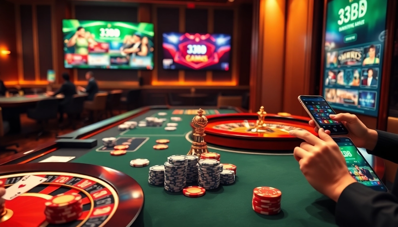 33BD players engaging in exciting online casino games with vibrant poker chips and roulette.