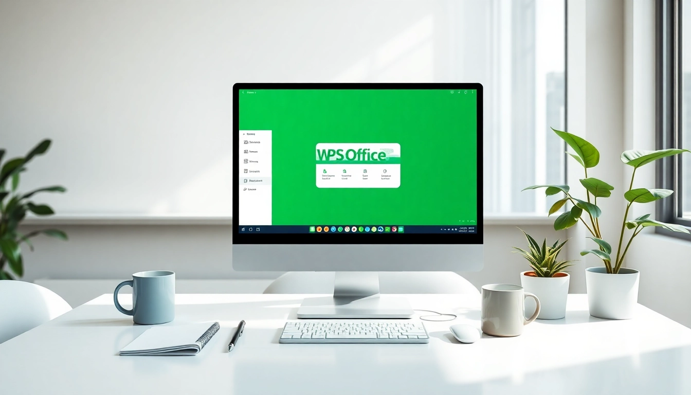 WPS官网下载 showcased on a modern office desktop with a sleek computer and productivity tools.