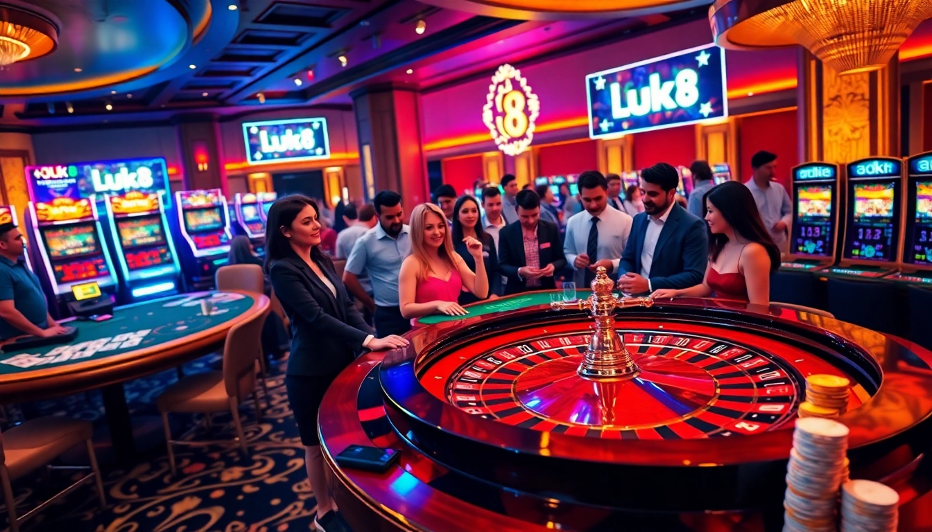 Players enjoying exciting games at a luck8 themed casino, featuring vibrant roulette and blackjack tables.