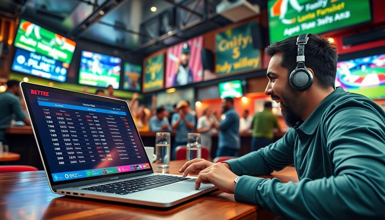 Engaging online cricket betting scene with JeetBuzz interface and fans cheering