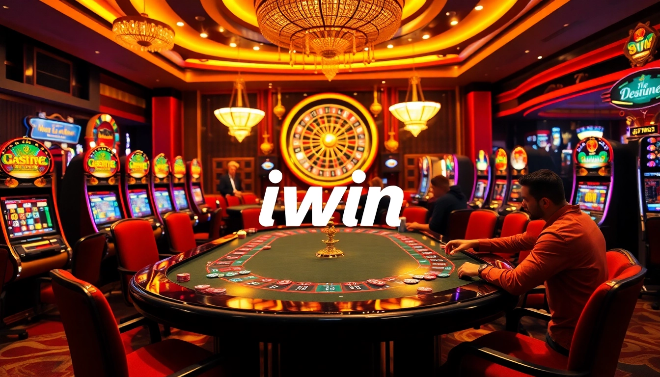 Iwin casino scene featuring luxurious poker chips and an exciting roulette wheel.
