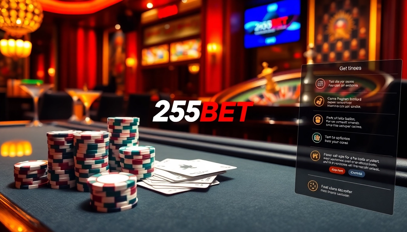 Experience the thrill of 255BET with vibrant poker chips and an elegant roulette table in a luxury casino.