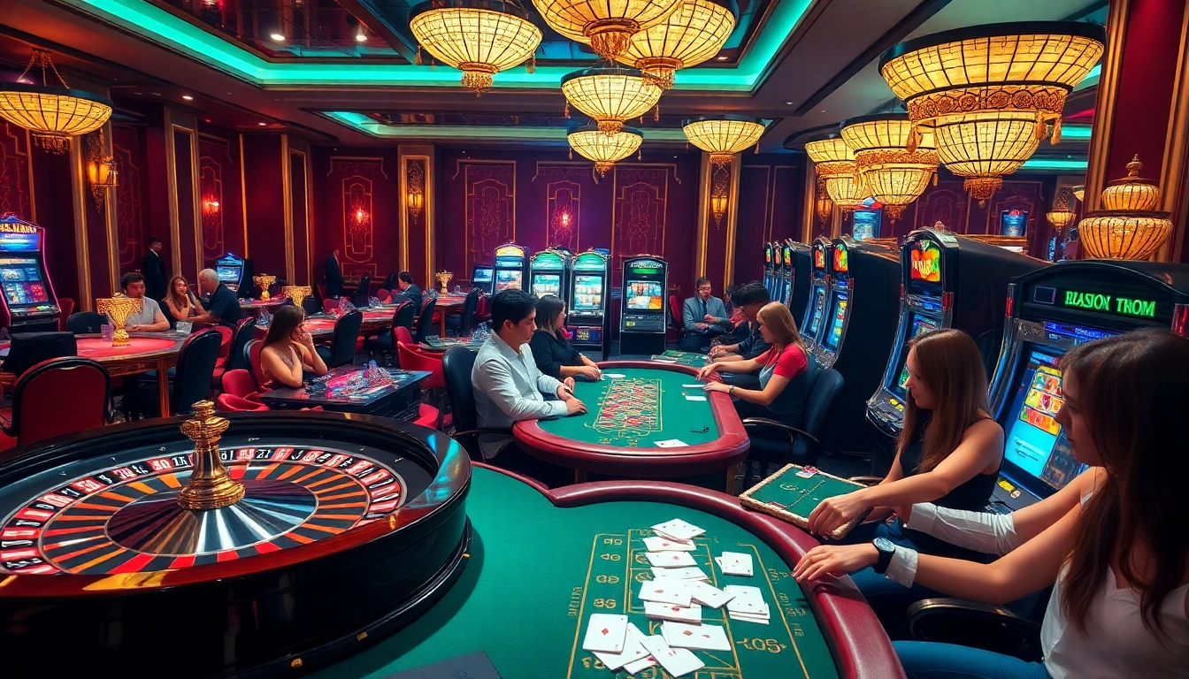 Excited gamblers interact with diverse games at a luxurious casino scene reflective of https://nh88vn.net/.