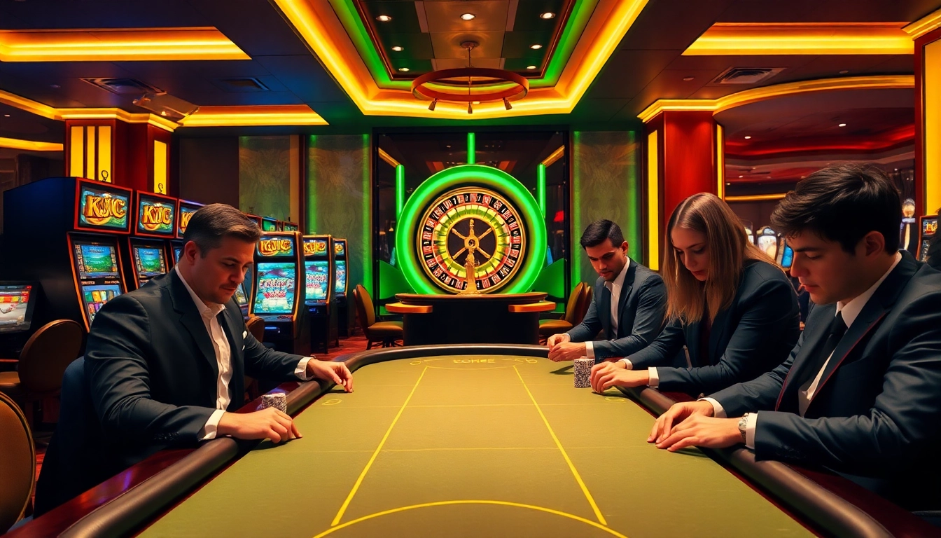KJC casino venue with excited players at poker and roulette tables, showcasing luxury experience.