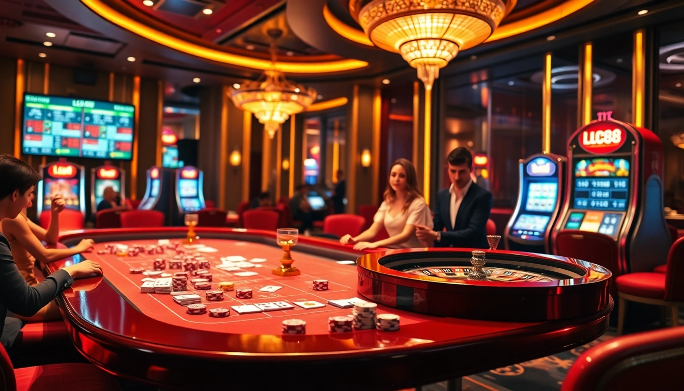 Exciting casino scene with roulette and poker elements featuring Lc88 betting strategies.