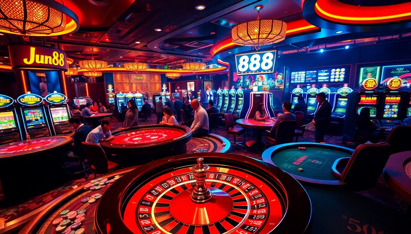 Players enjoying a thrilling game at Jun88 casino tables under glamorous lighting.