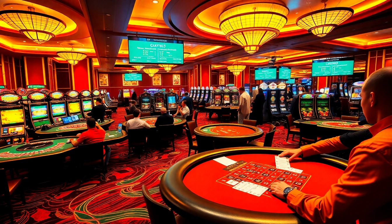 Betting at a vibrant casino depicted in https://journal.unj.ac.id/ with poker tables and roulette wheels, showcasing excitement.