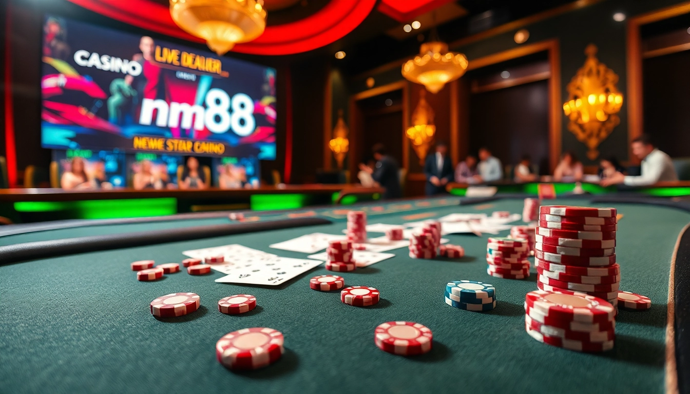 Exciting gameplay scene from mm88 casino showcasing poker chips, cards, and a vibrant online atmosphere.