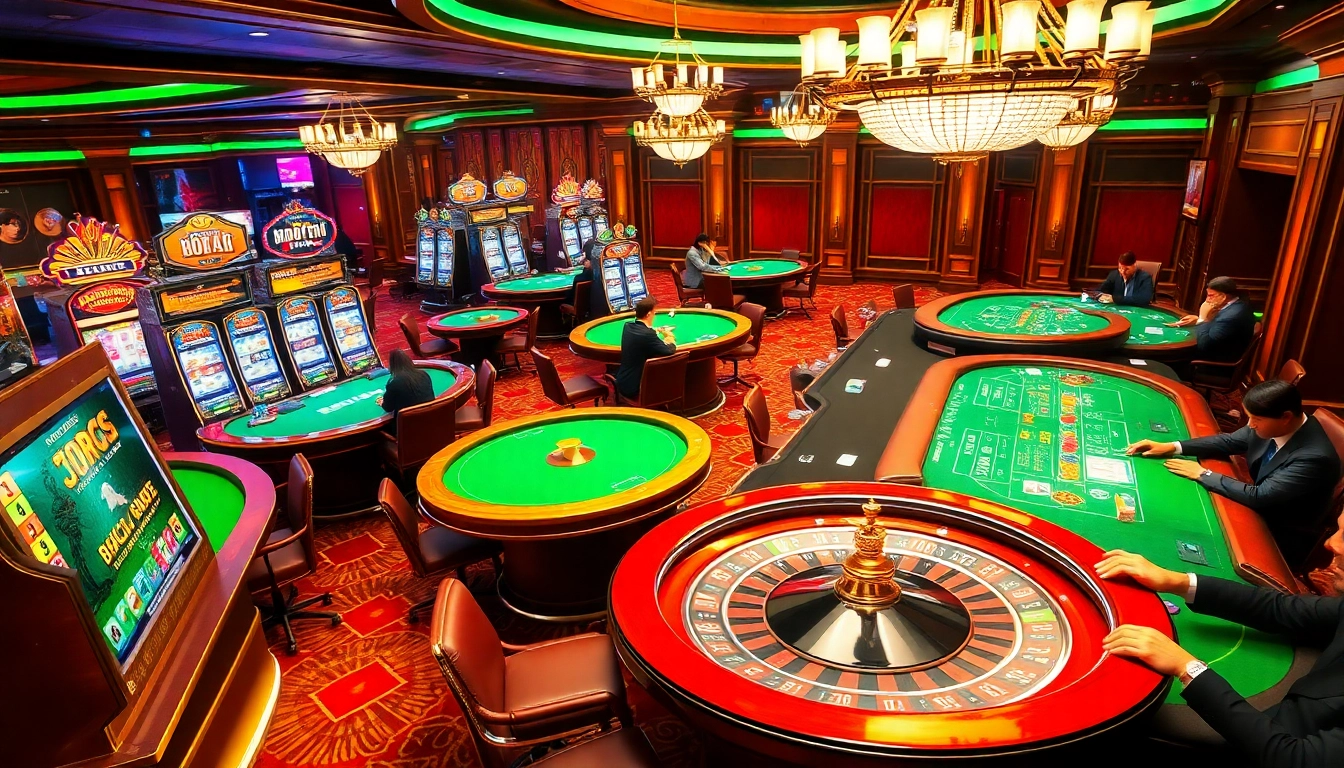 rr88 players engaging in high-stakes card games and slot machines in a luxurious casino.