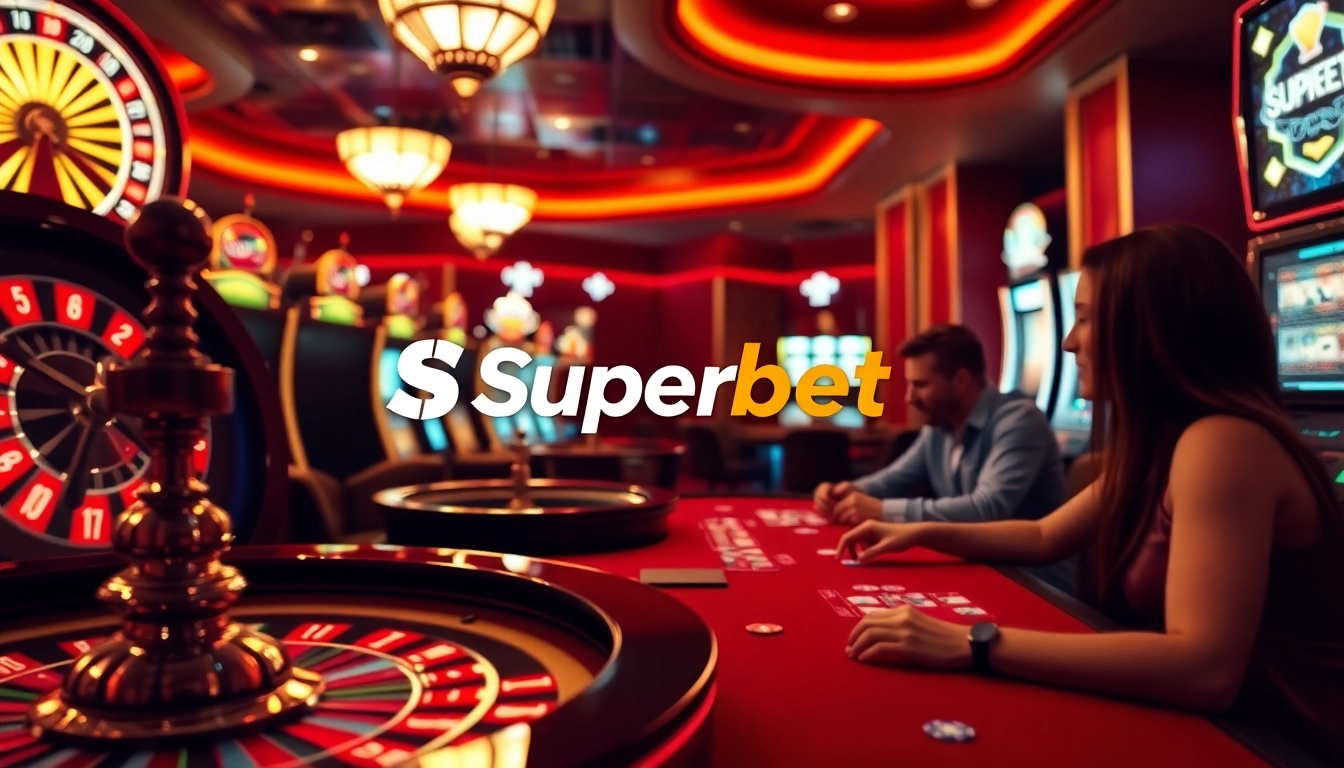 Superbet casino scene with roulette wheels, poker tables, and lively players in action.